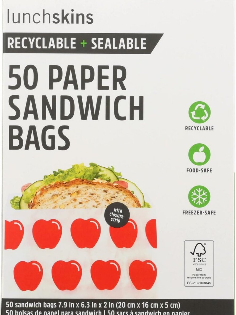 Eco-Friendly Paper Sandwich Bags - Red Apple Design, 50 Count, Plastic-Free Pack